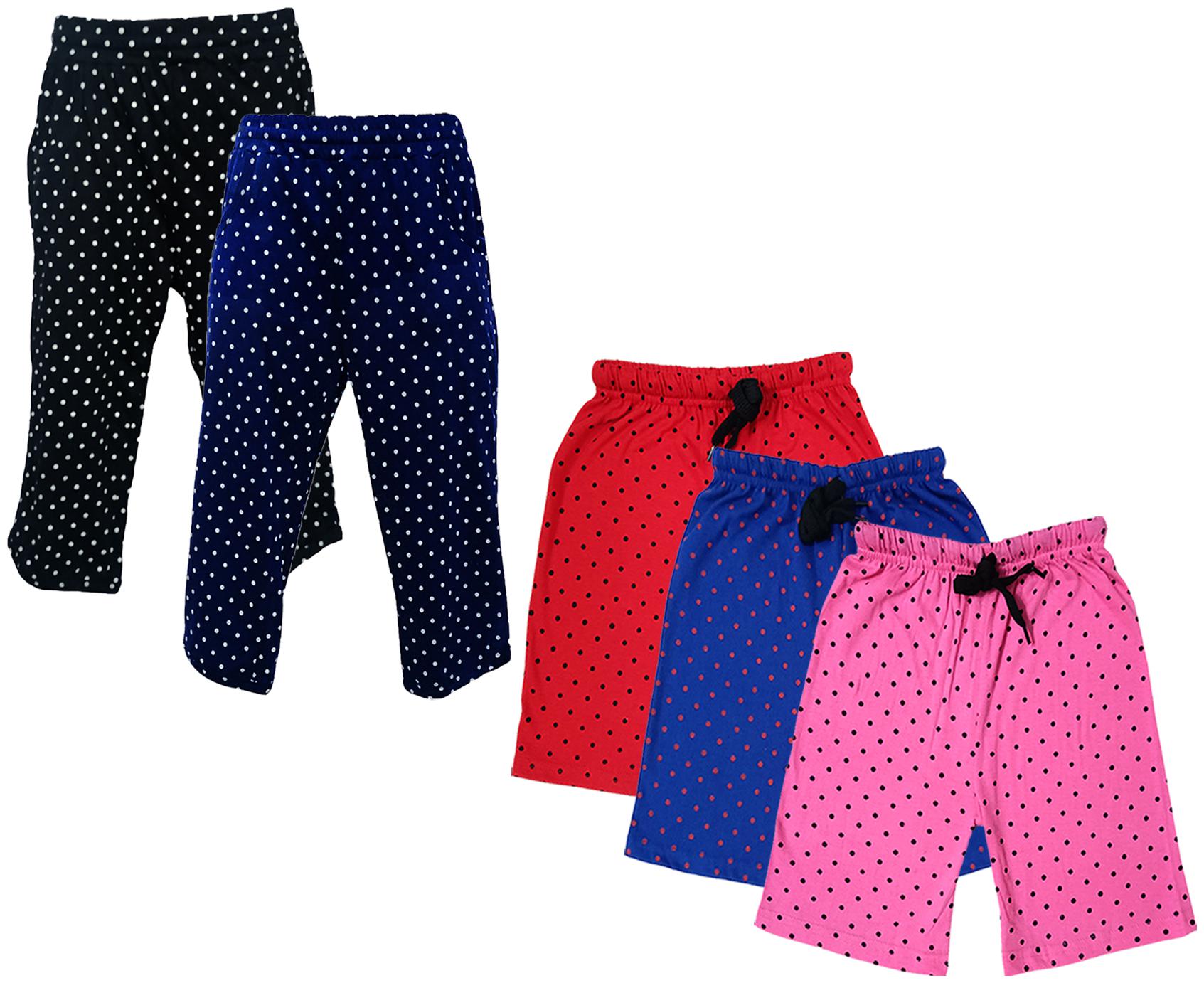 

IndiWeaves Girls Cotton Polka Dots 3 4th Capri and Shorts (Pack of 5) Multi