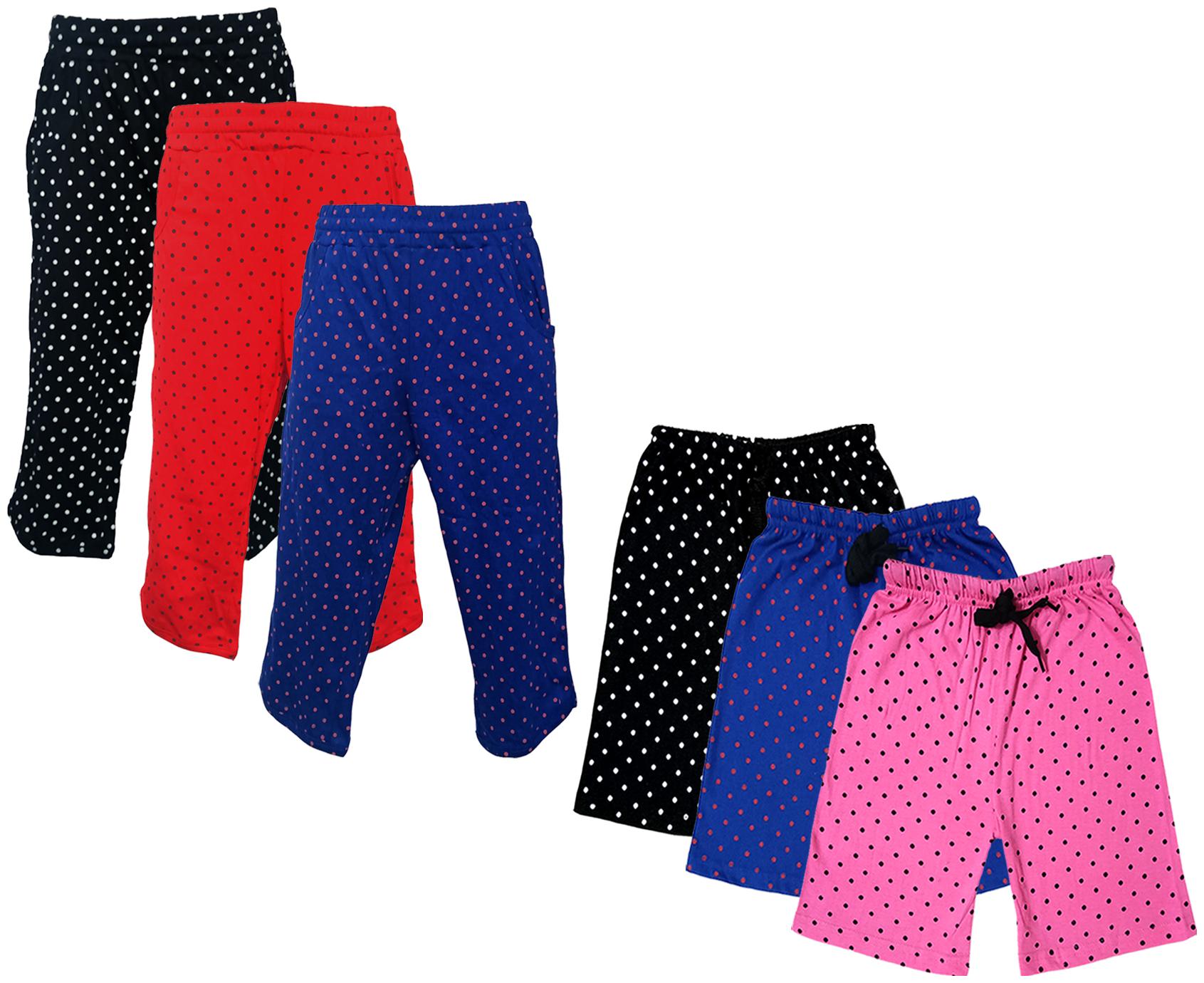 

IndiWeaves Girls Cotton Polka Dots 3 4th Capri and Shorts (Pack of 6) Multi