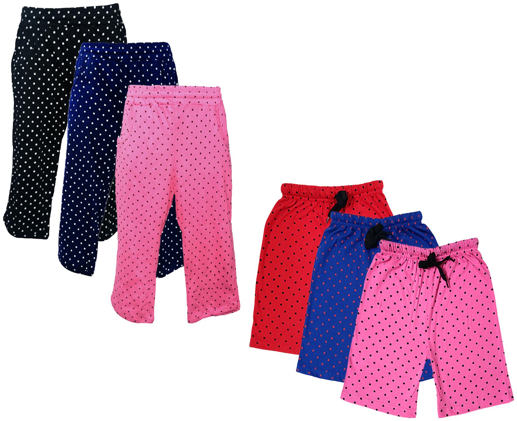 

IndiWeaves Girls Cotton Polka Dots 3 4th Capri and Shorts (Pack of 6) Multi