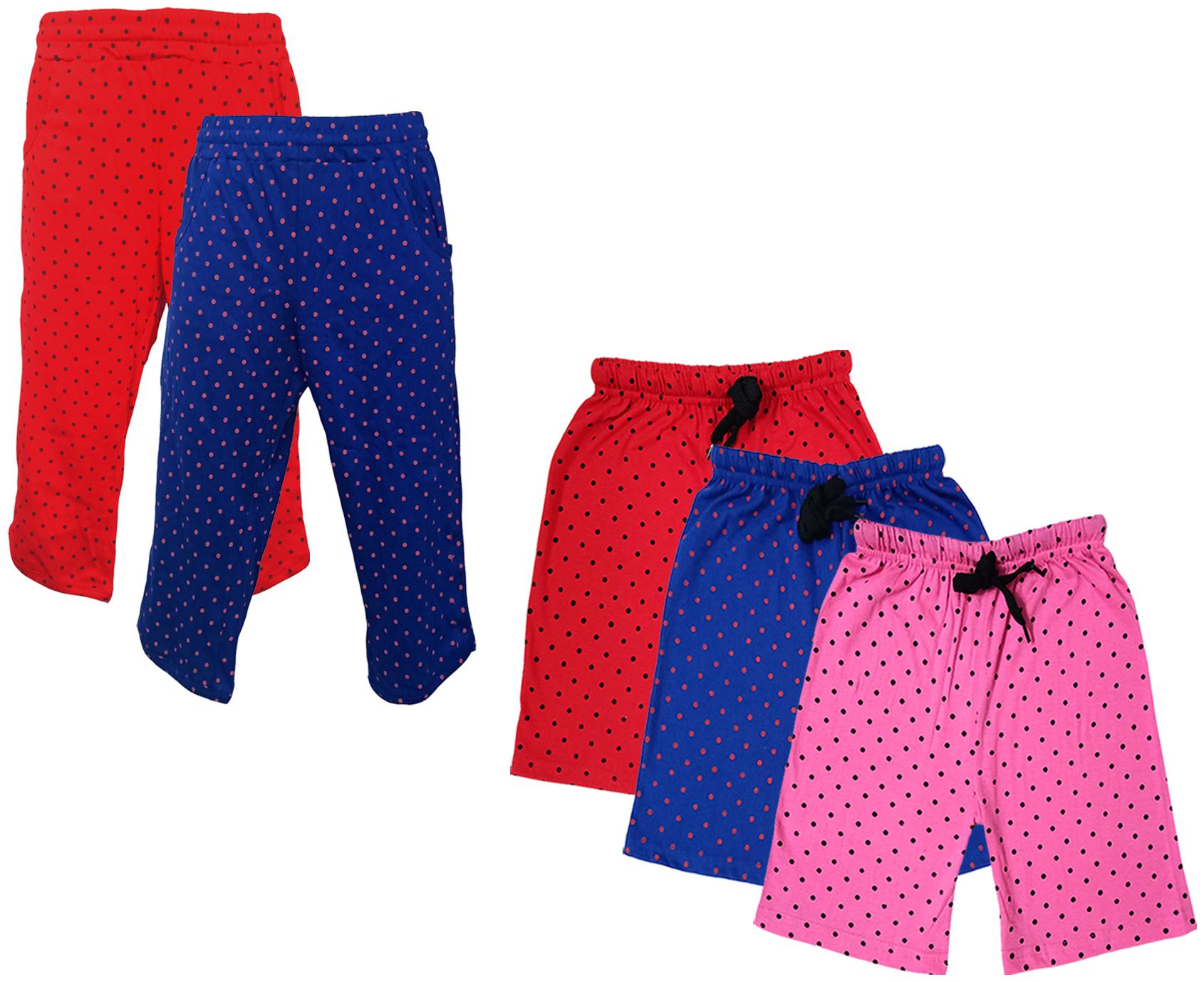 

IndiWeaves Girls Cotton Polka Dots 3 4th Capri and Shorts (Pack of 5) Multi