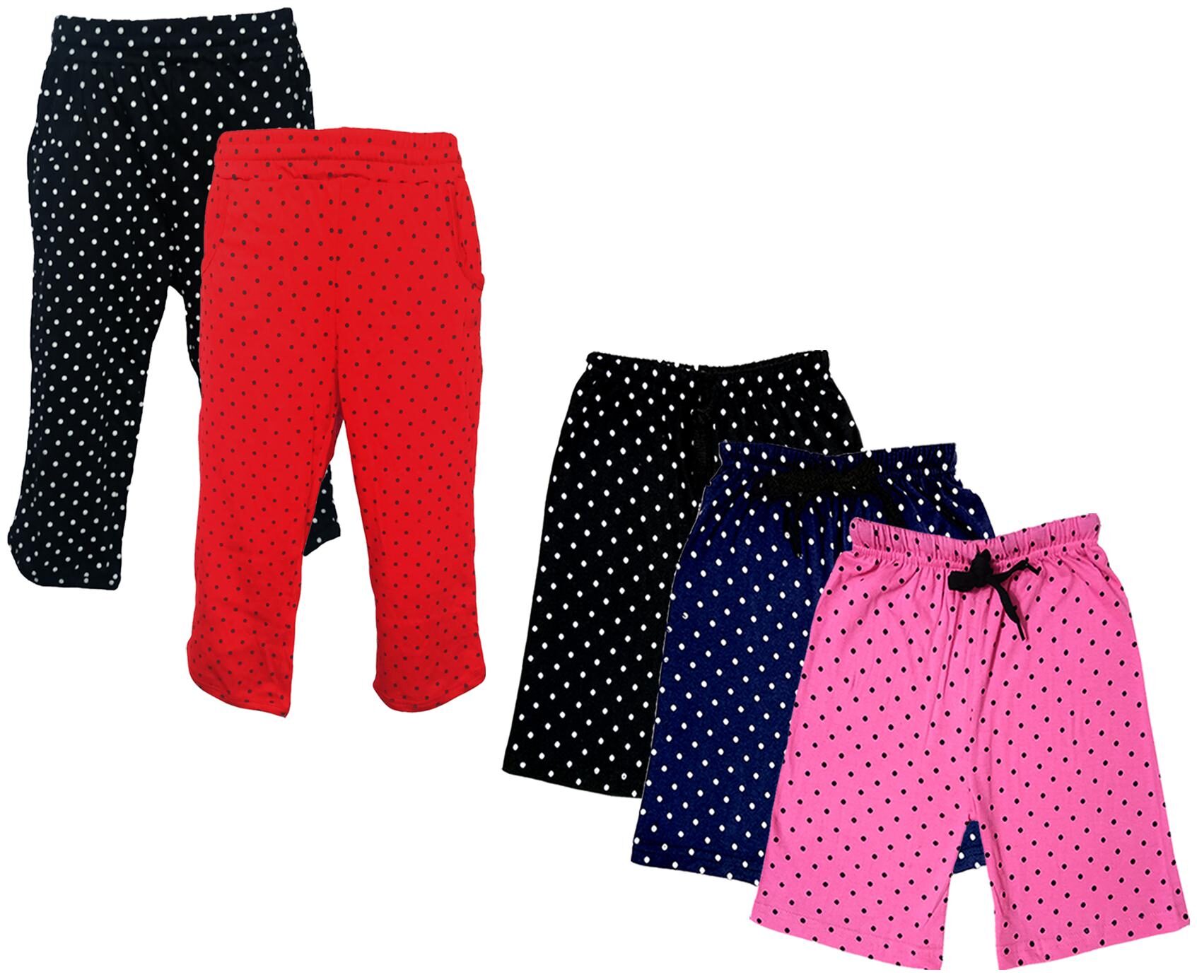 

IndiWeaves Girls Cotton Polka Dots 3 4th Capri and Shorts (Pack of 5) Multi