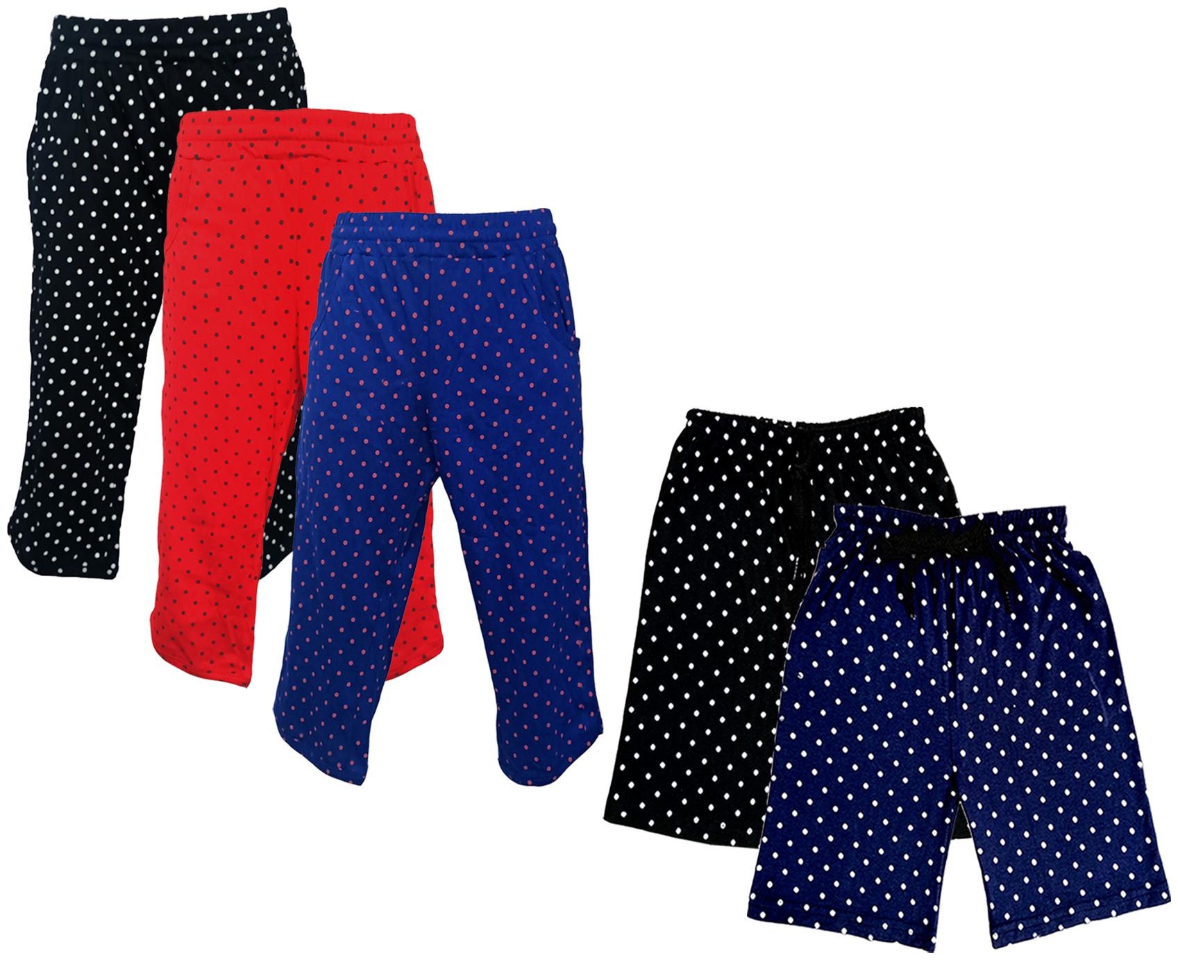 

IndiWeaves Girls Cotton Polka Dots 3 4th Capri and Shorts (Pack of 5) Multi