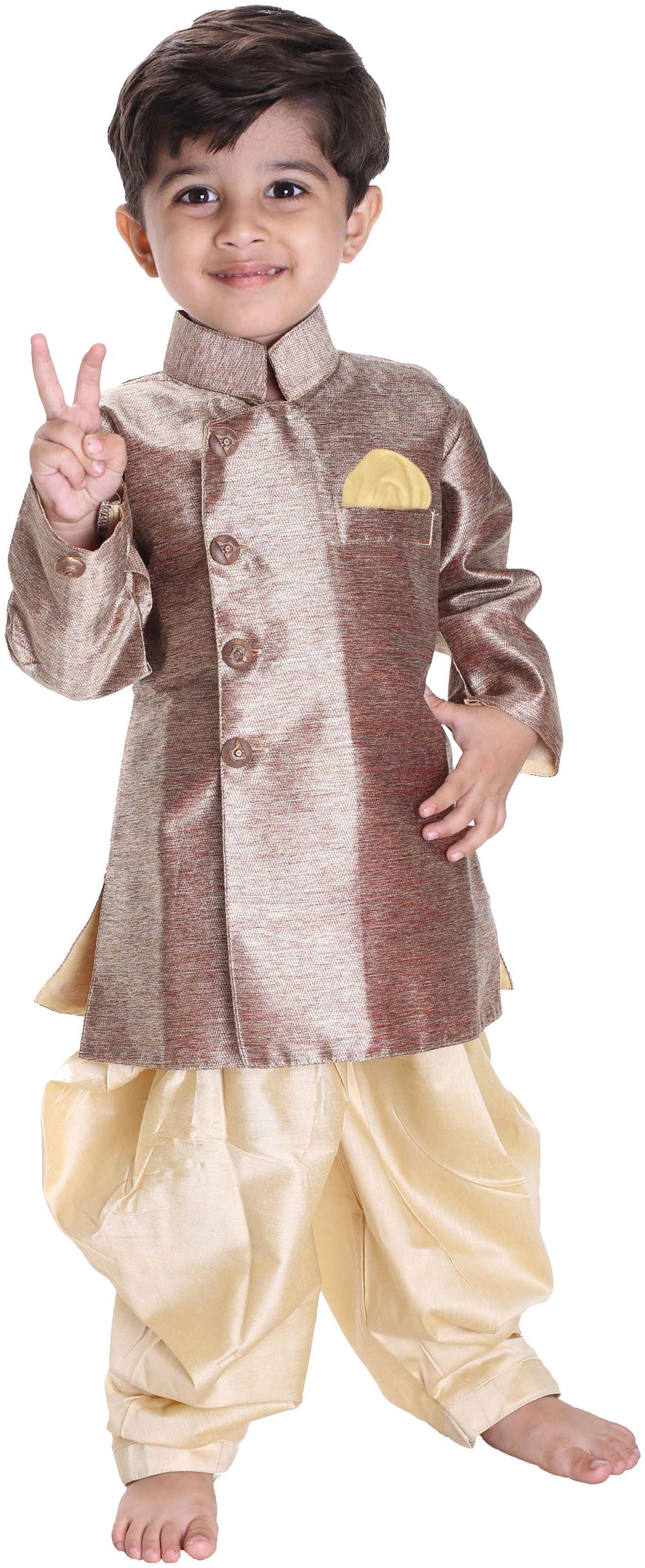 

JBN Creation Boy Cotton Solid Sherwani - Gold