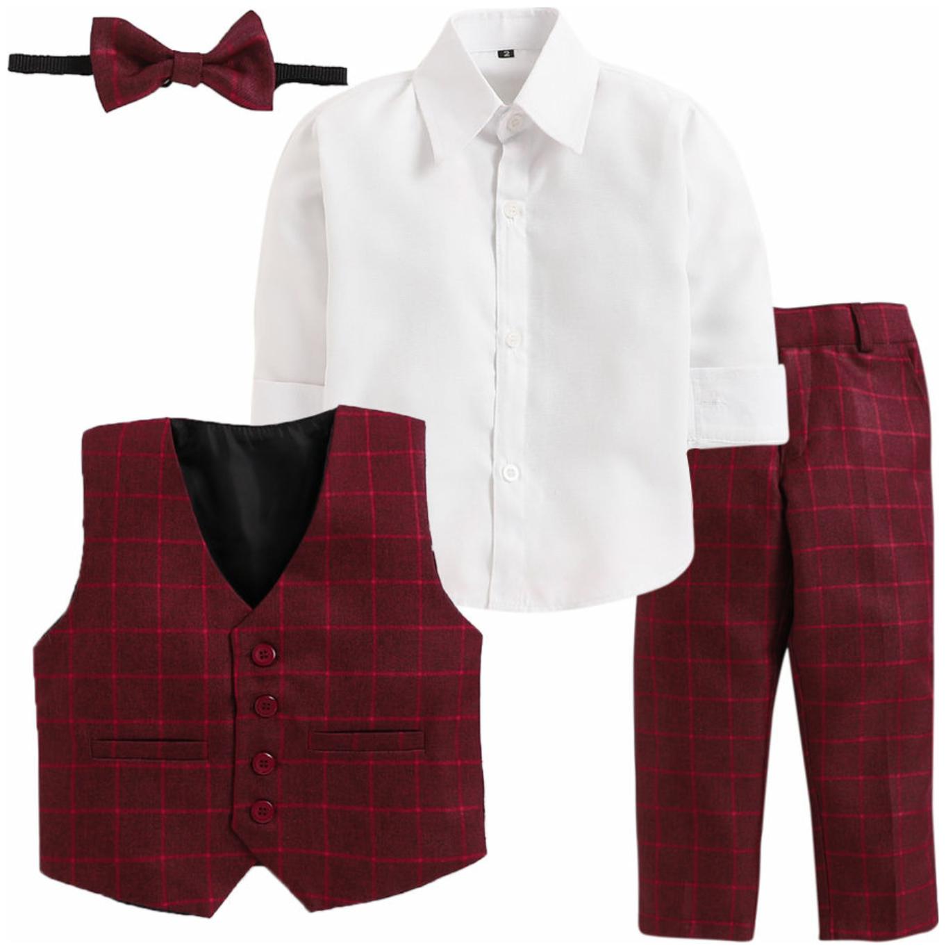 

Jeetethnics Maroon White Boys Waistcoat Suit Set
