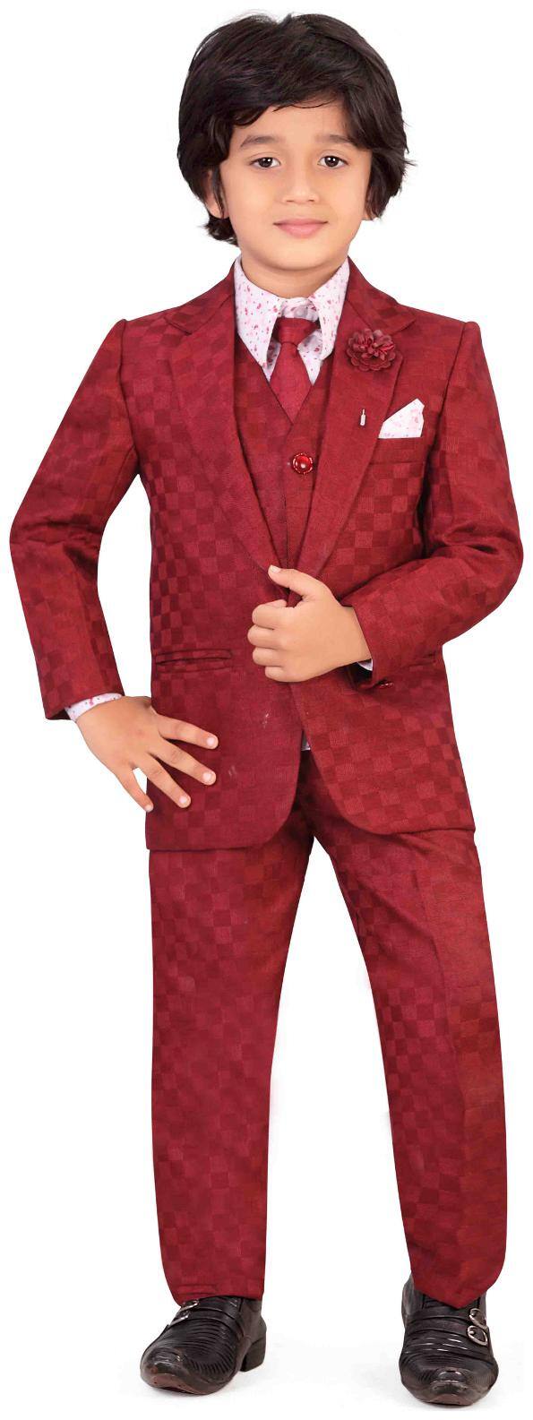 Jeetethnics Boy Silk blend Solid Kurta pyjama set - Maroon