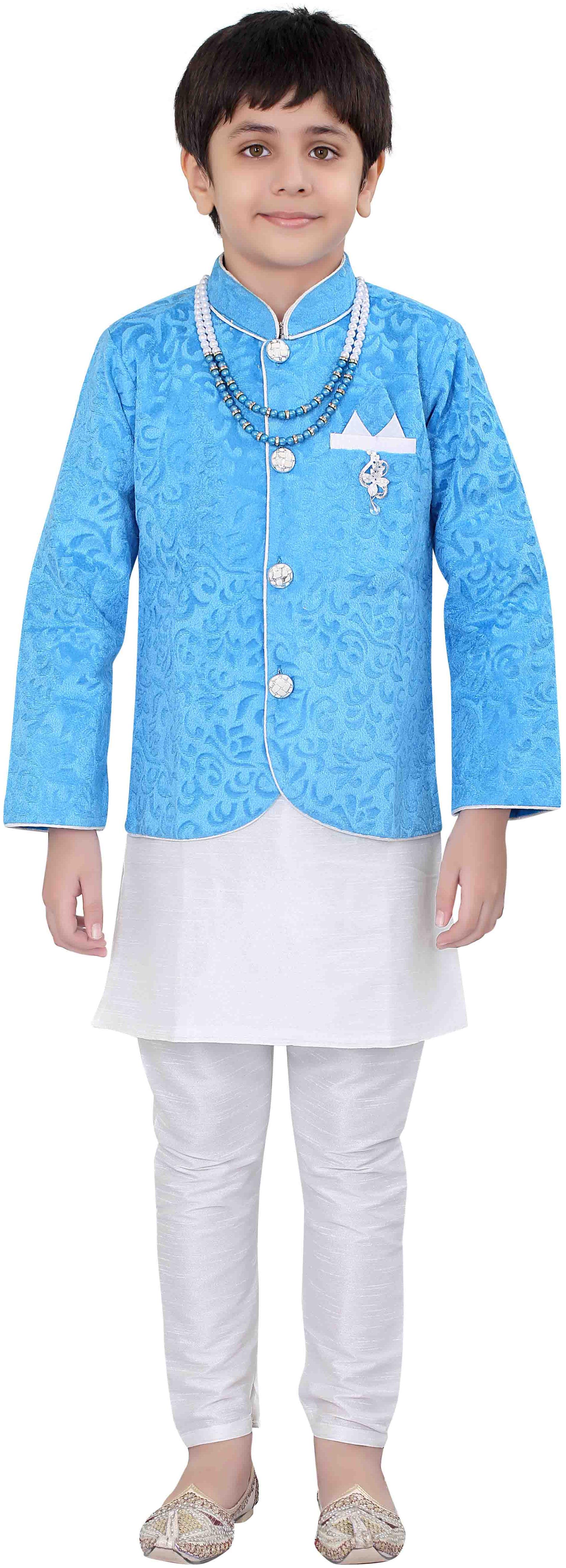

Jeetethnics Boy Silk blend Printed Kurta pyjama set - Blue
