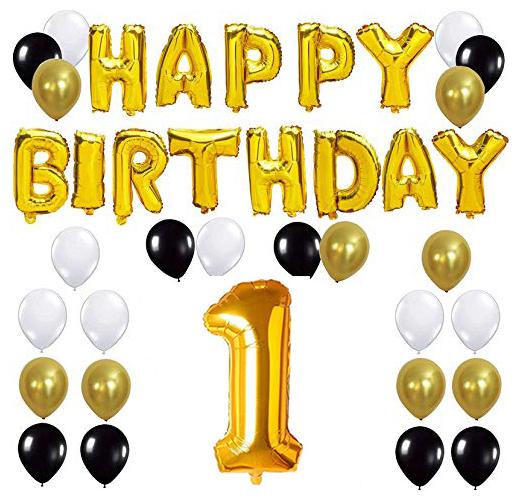 

JMO27Deals Solid 1st Happy Birthday Balloon Letter Foil Balloon Set of 44 Decoration Balloons Kit (Golden Black White Each 10 Pack of 44)