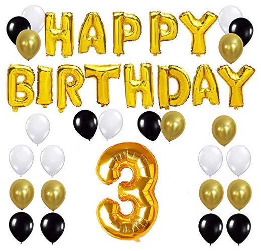 

JMO27Deals Solid 3rd Happy Birthday Balloon Letter Foil Balloon Set of 44 Decoration Balloons Kit (Golden Black White Each 10 Pack of 44)