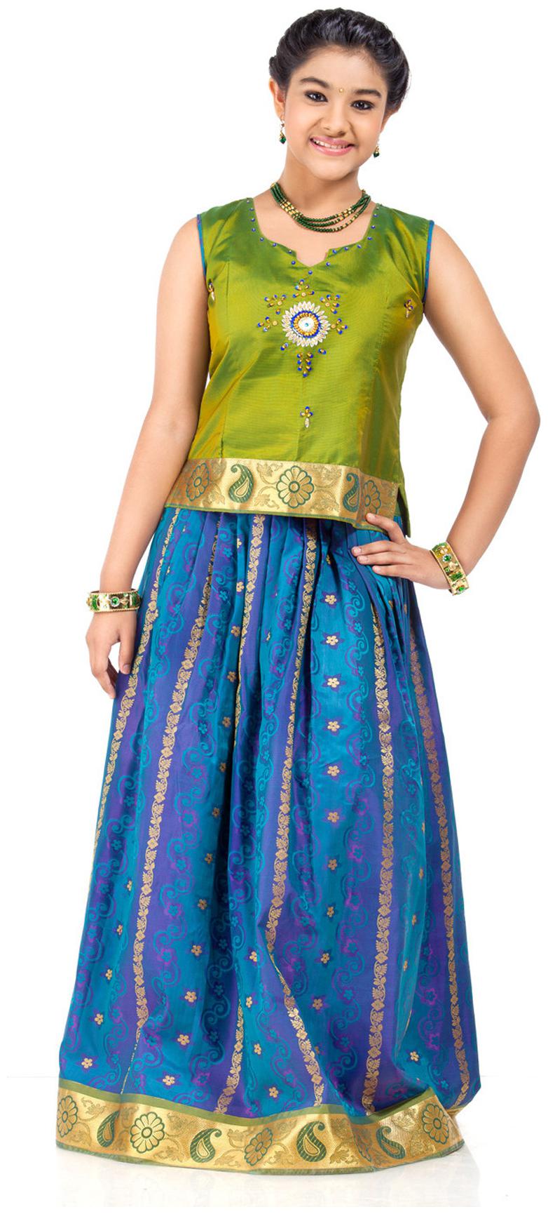 

Kanakadara Green And Blue Lehenga Choli (4-5 Years)
