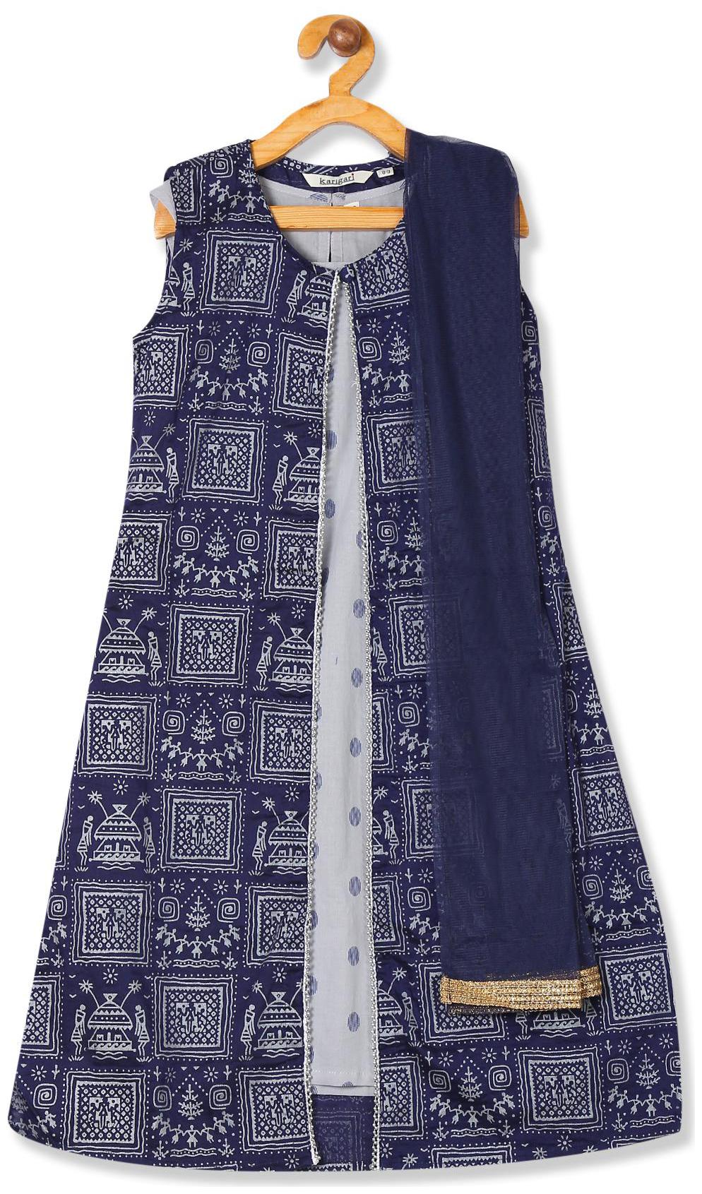 

Karigari Girl s Polyester Printed Sleeveless Kurti salwar set - Multi