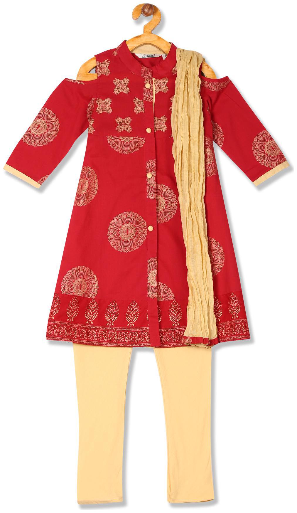 

Karigari Girl s Cotton Printed 3 4th sleeves Kurta kurti - Multi
