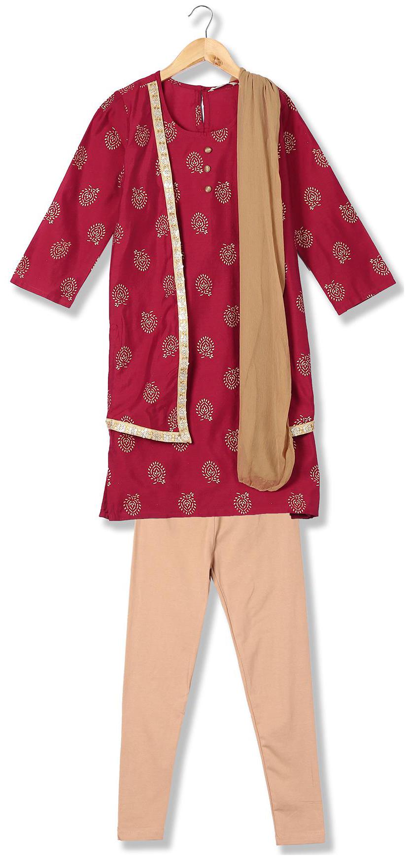

Karigari Girl s Polyester Printed Full sleeves Kurti salwar set - Multi