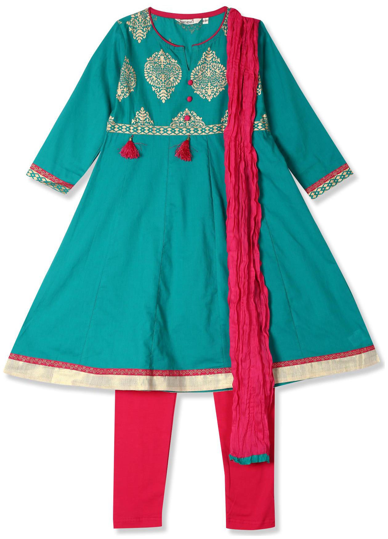 

Karigari Girl s Cotton Printed 3 4th sleeves Kurti salwar set - Multi