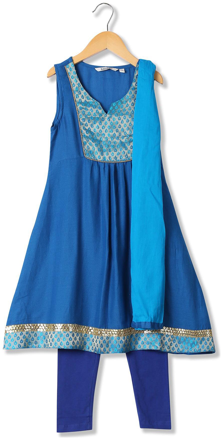 

Karigari Girl s Cotton Printed Sleeveless Kurti salwar set - Blue