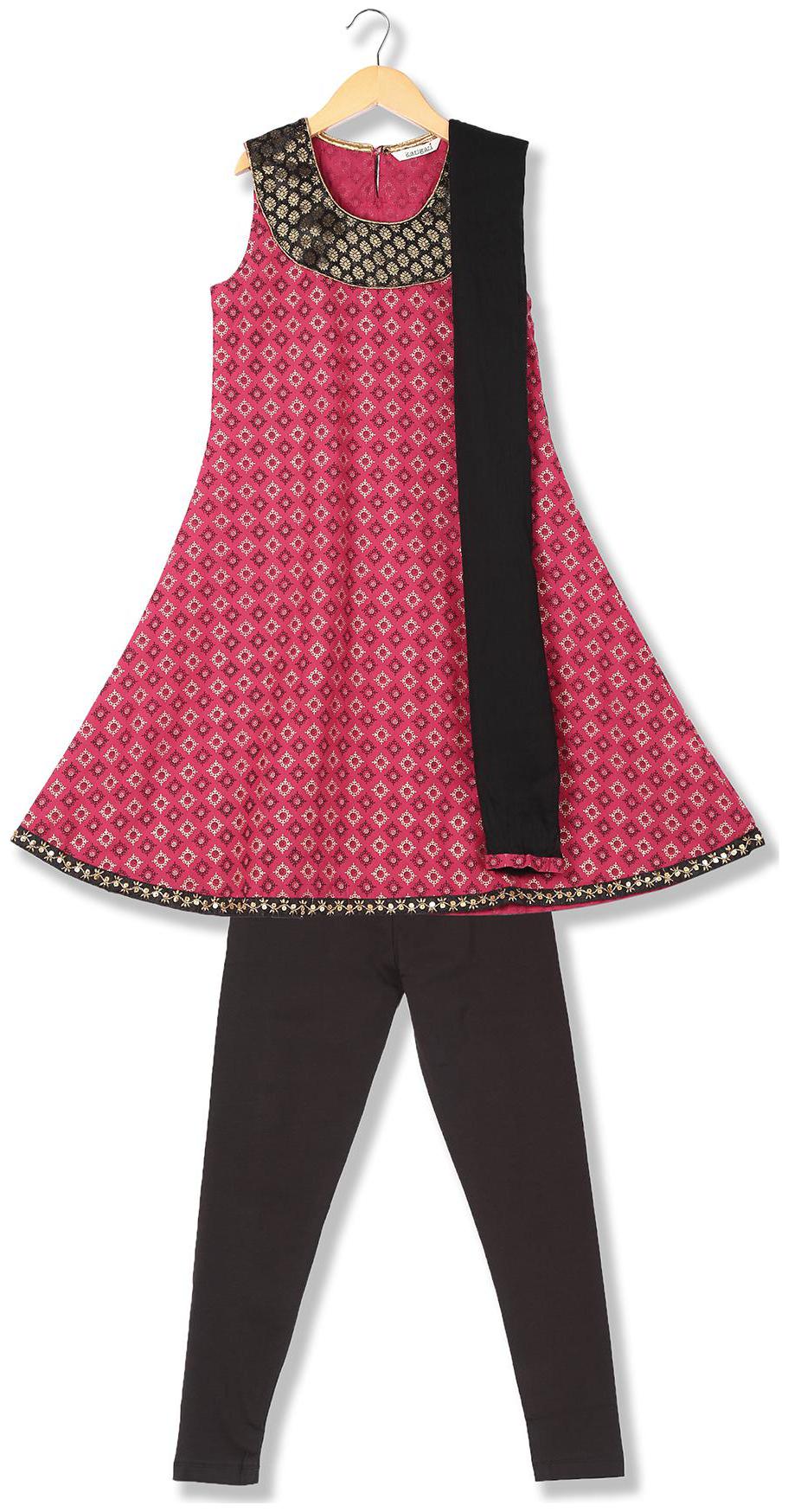 

Karigari Girl s Cotton Printed Sleeveless Kurti salwar set - Multi
