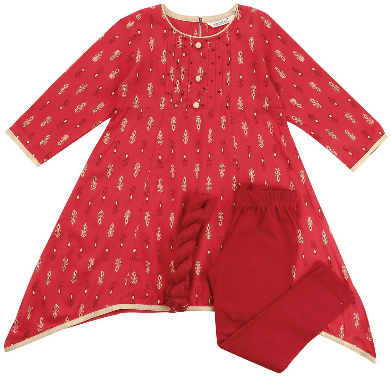 

Karigari Girl s Cotton Self design Full sleeves Kurti salwar set - Red