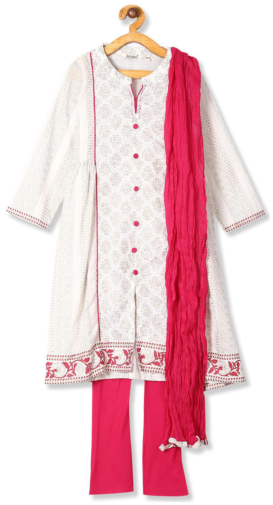 

Karigari Girl s Cotton Checked Sleeveless Kurta kurti - White Pink