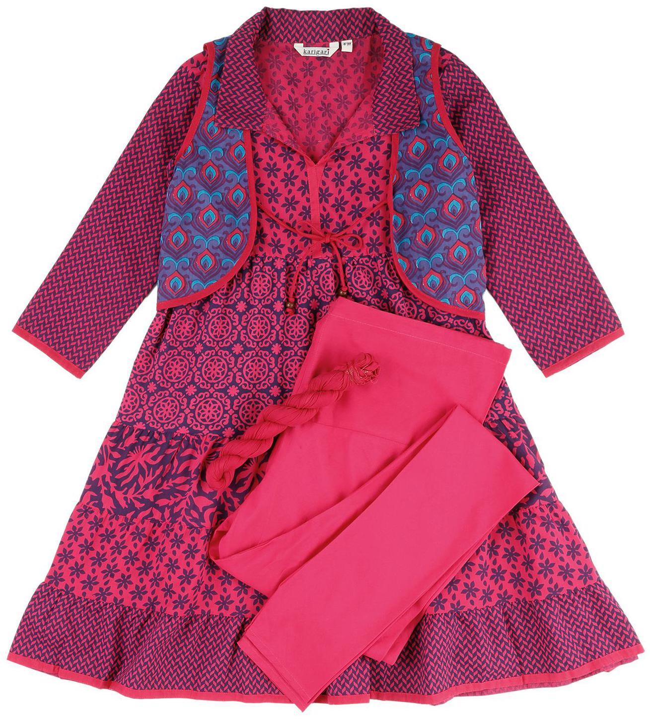 

Karigari Girl s Cotton Printed Full sleeves Kurti salwar set - Multi