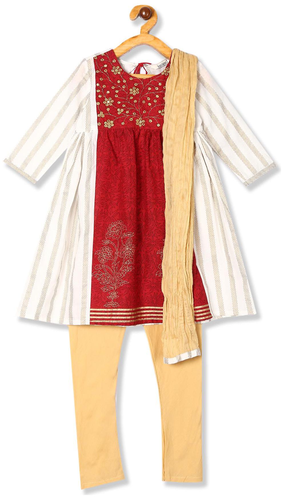 

Karigari Girl s Cotton Printed 3 4th sleeves Kurti salwar set - Multi