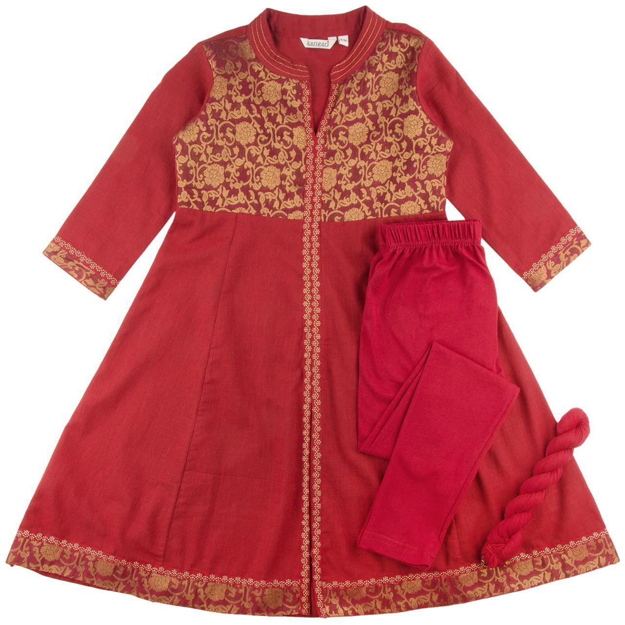 

Karigari Girl s Cotton Self design 3 4th sleeves Kurta kurti - Red