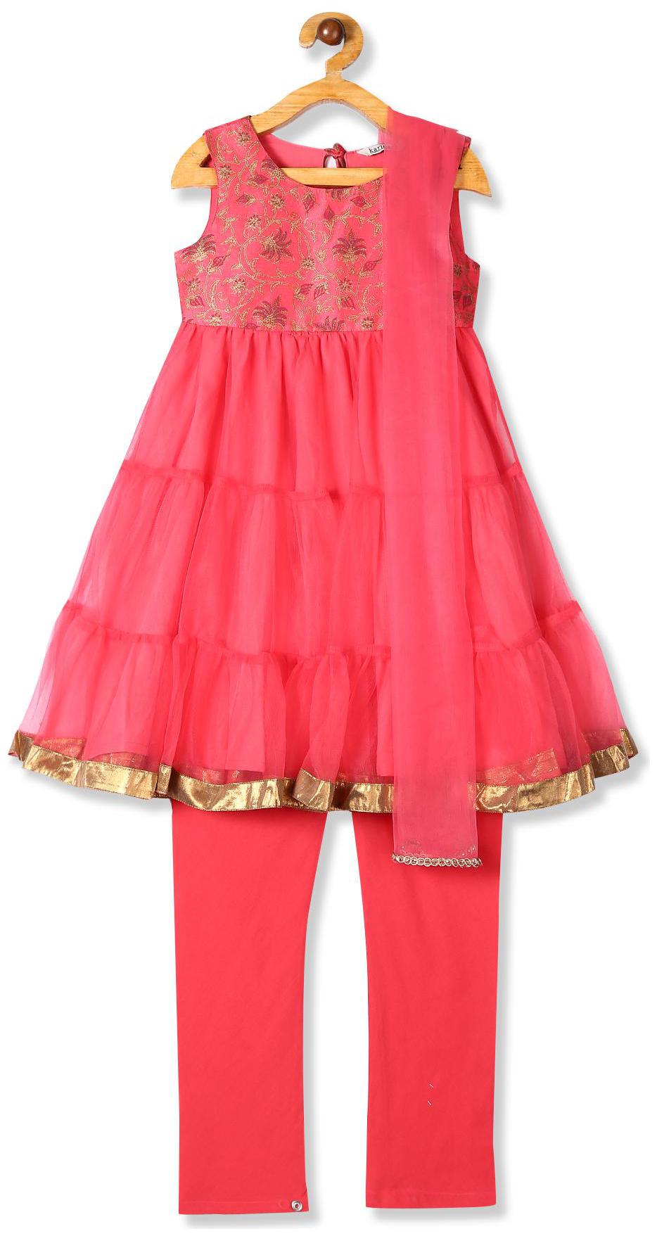 

Karigari Girl s Polyester Printed Sleeveless Kurti salwar set - Pink