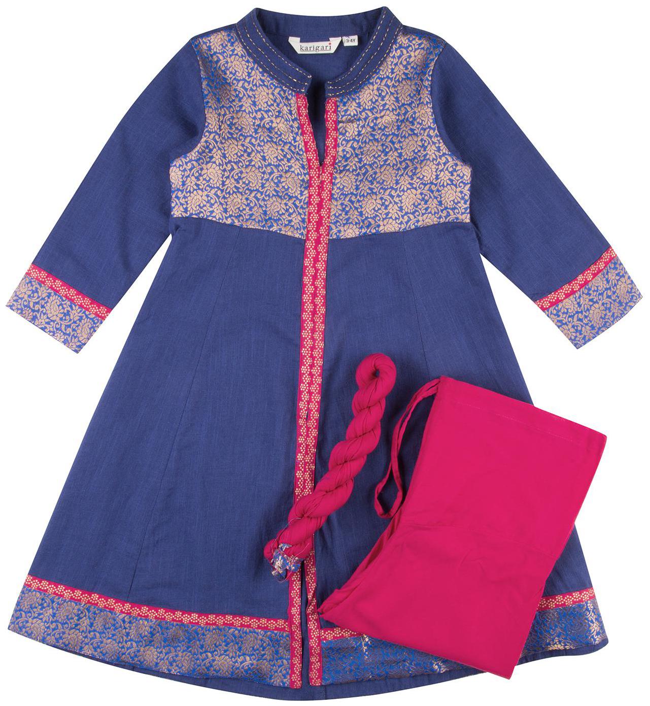 

Karigari Girl s Cotton Self design Full sleeves Kurti salwar set - Multi