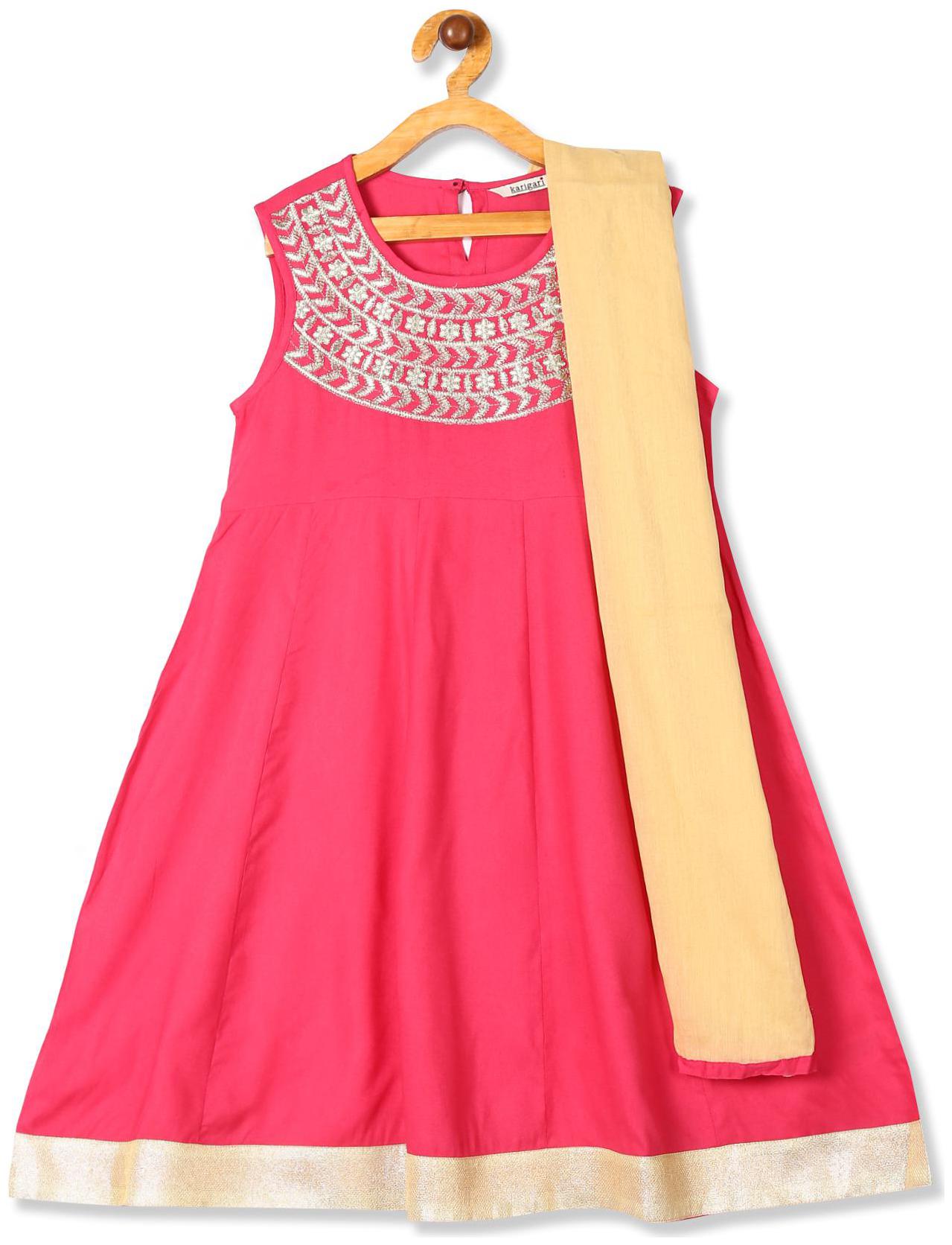 

Karigari Girl s Rayon Checked Sleeveless Kurta kurti - Pink