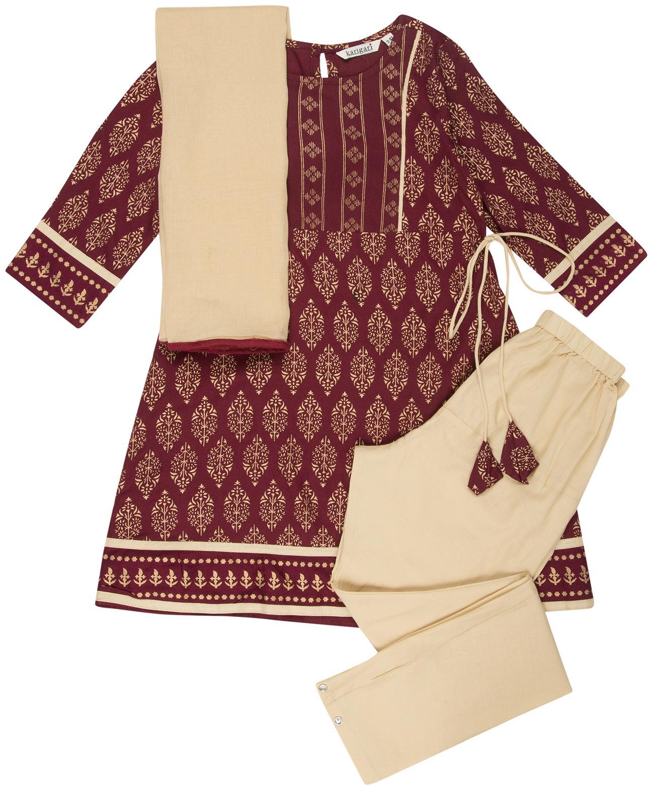 

Karigari Girl s Cotton Printed Full sleeves Kurti salwar set - Multi