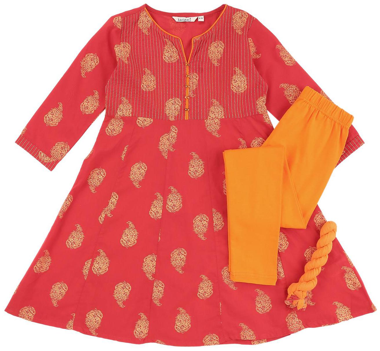 

Karigari Girl s Cotton Printed 3 4th sleeves Kurti salwar set - Multi