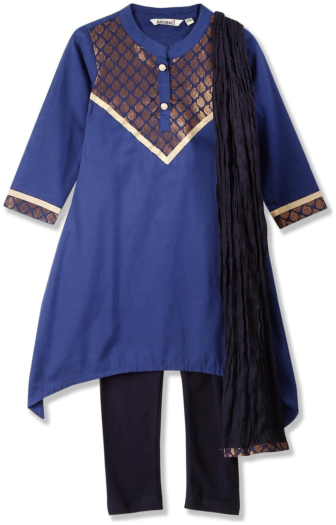 

Karigari Girl s Cotton Self design Full sleeves Kurti salwar set - Multi