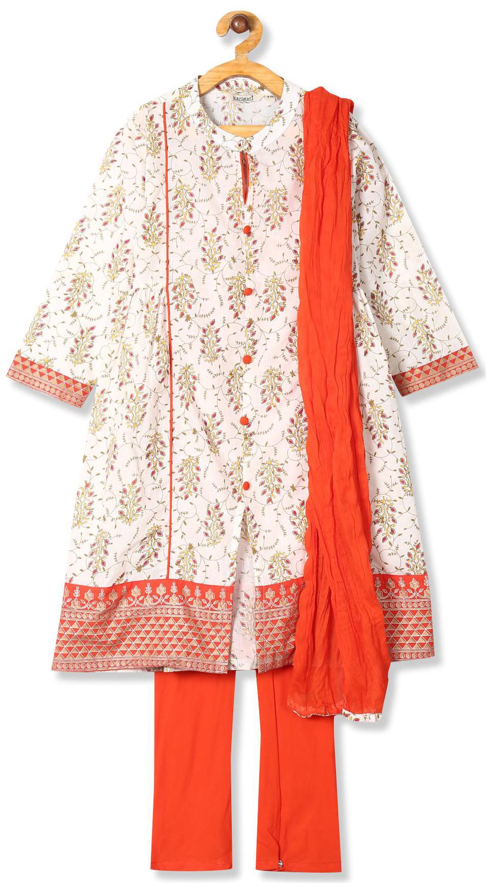 

Karigari Girl s Cotton Checked Sleeveless Kurta kurti - Orange