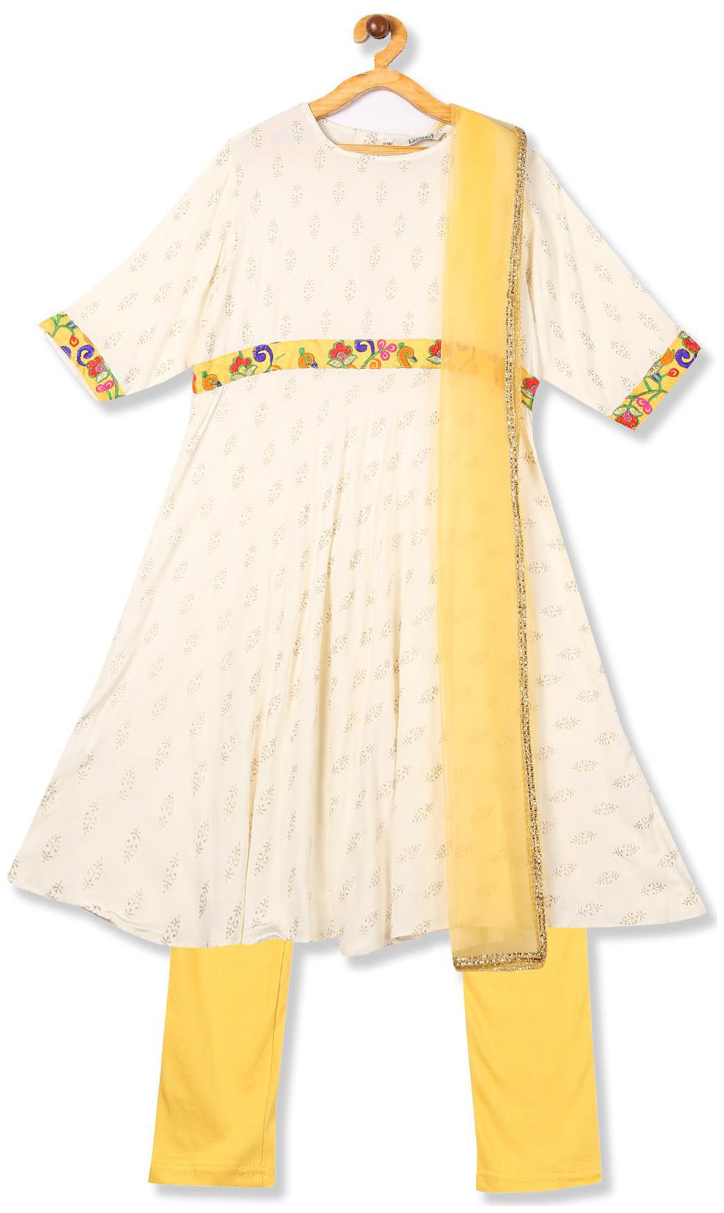 

Karigari Girl s Rayon Self design 3 4th sleeves Kurti salwar set - Multi