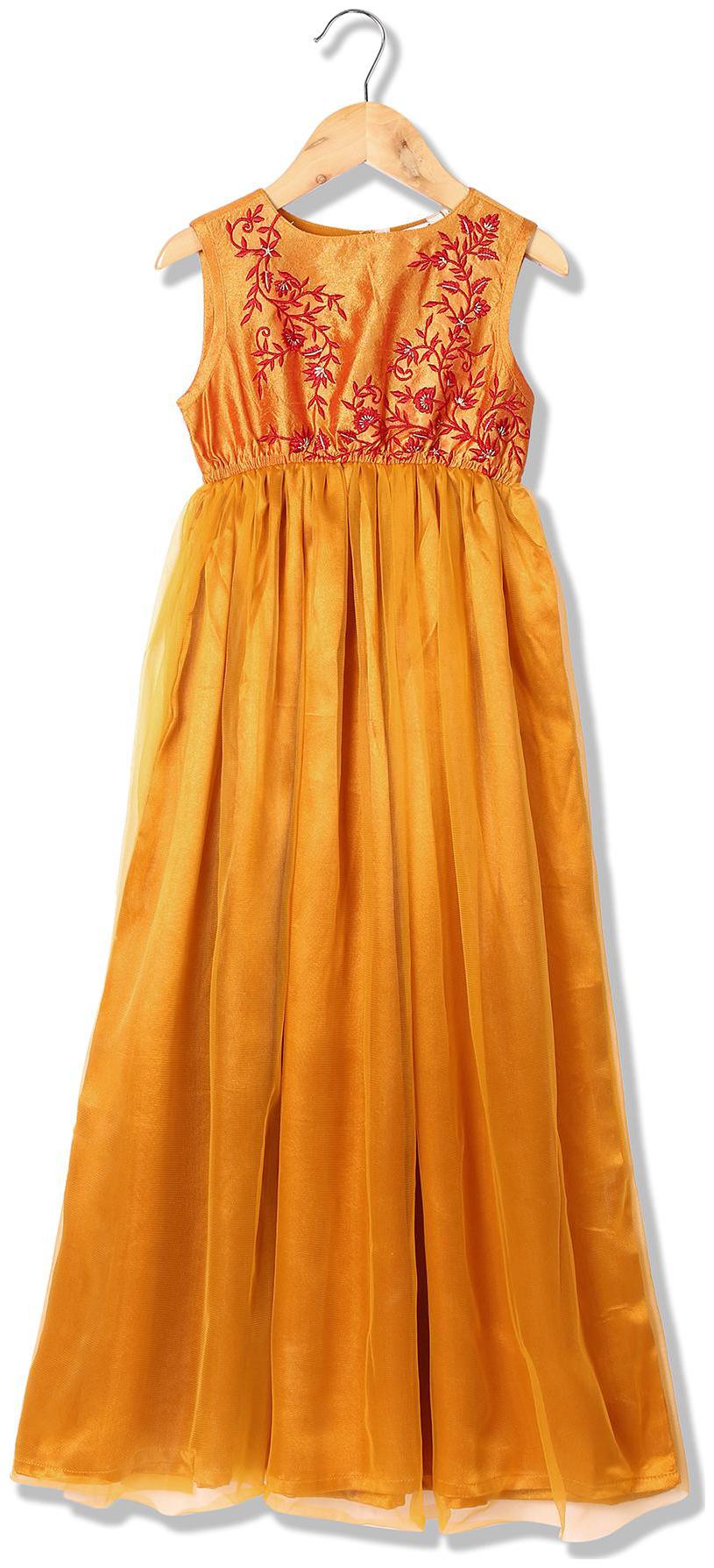 

Karigari Girls Embroidered Yoke Sleeveless Dress (Yellow)