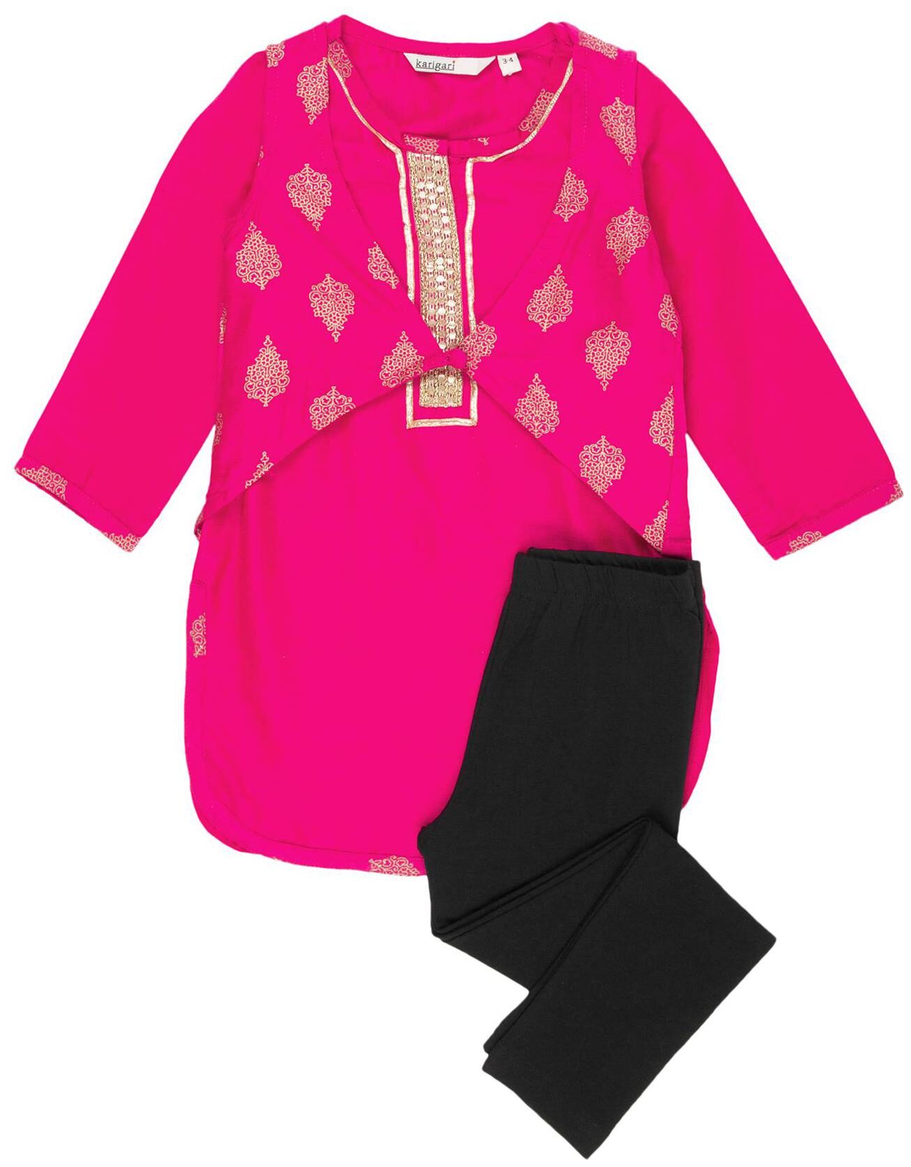 

Karigari Girl s Cotton Printed 3 4th sleeves Kurti salwar set - Multi