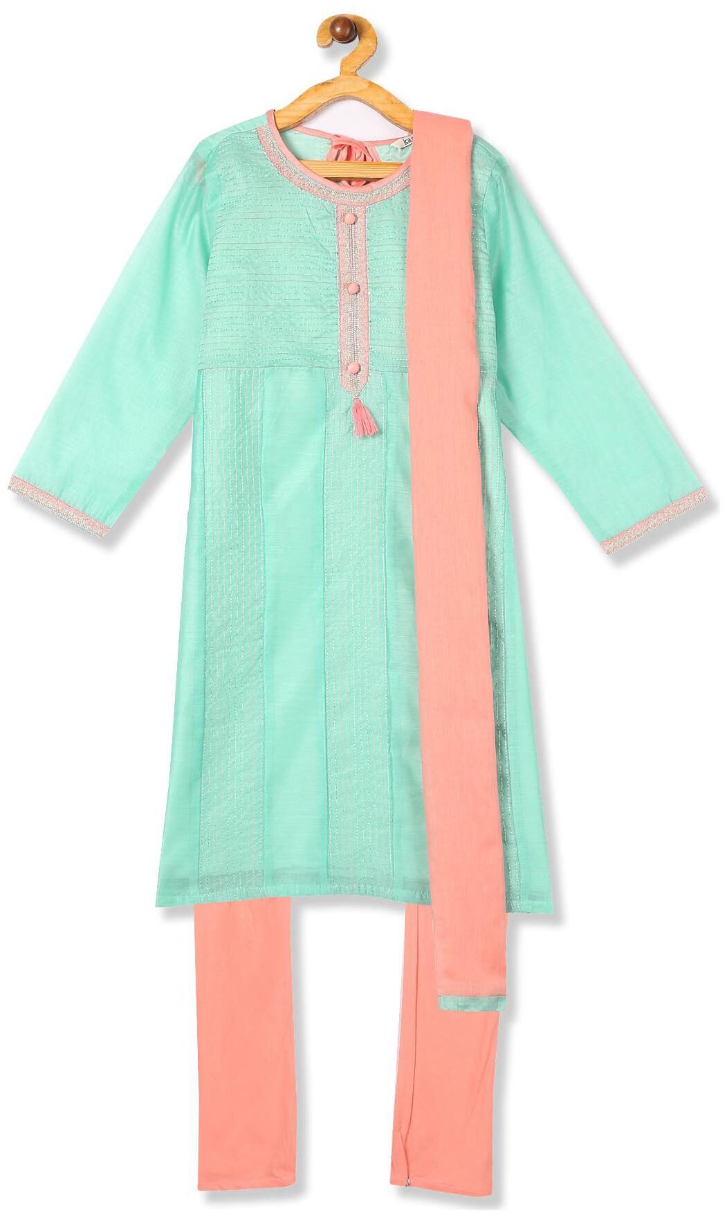 

Karigari Girl s Nylon Self design 3 4th sleeves Kurti salwar set - Multi