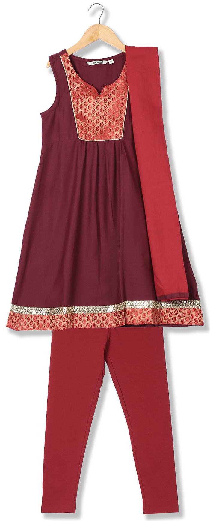 

Karigari Girl s Cotton Self design Sleeveless Kurta kurti - Red