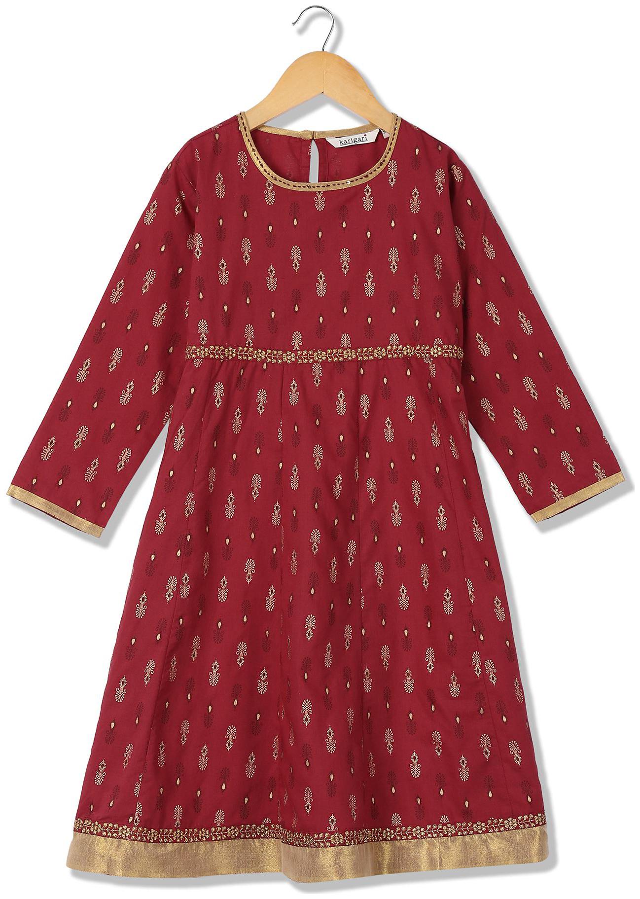 

Karigari Girl s Cotton Printed Full sleeves Kurti salwar set - Multi