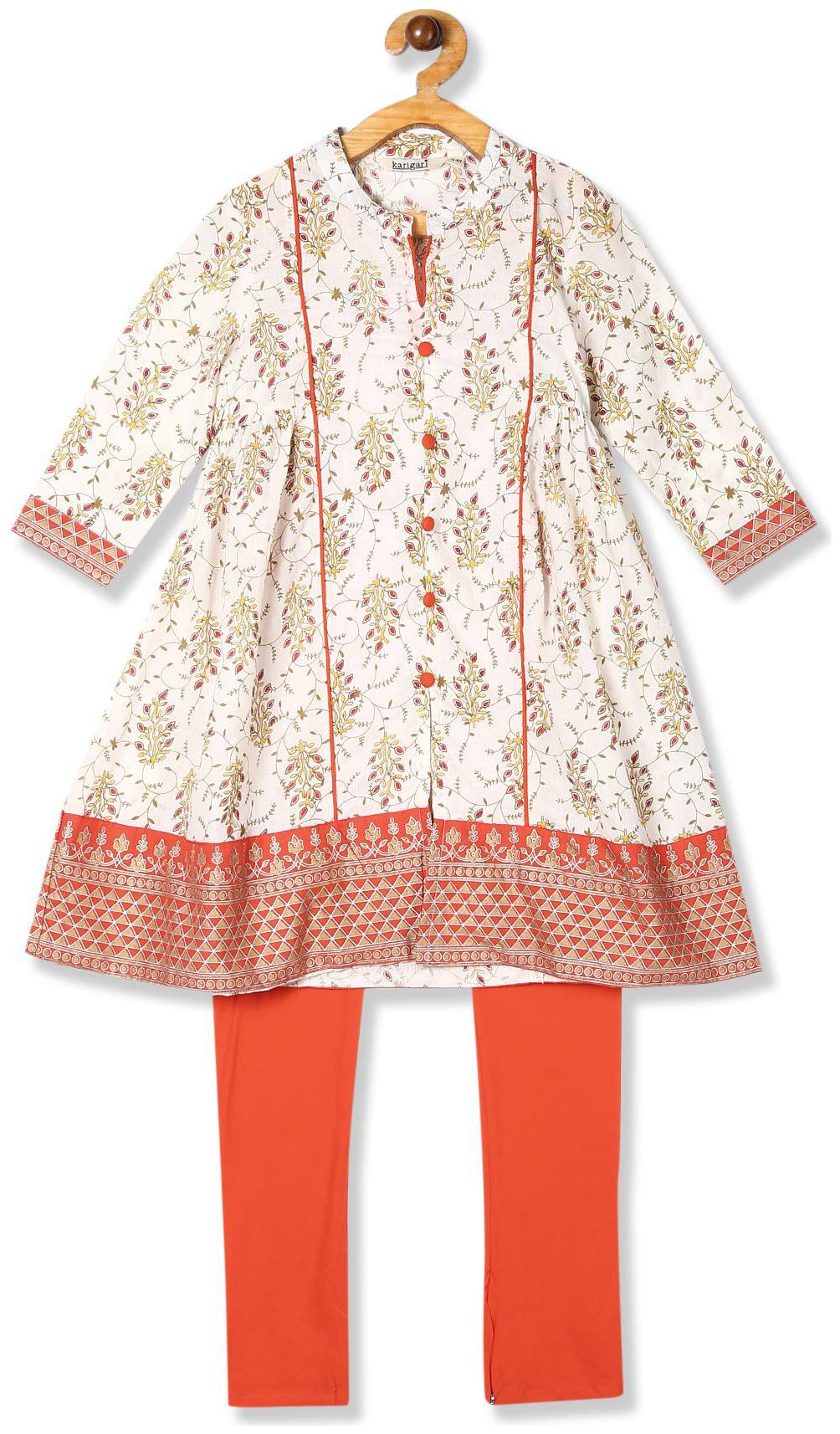 

Karigari Girl s Cotton Printed Full sleeves Kurti salwar set - Multi