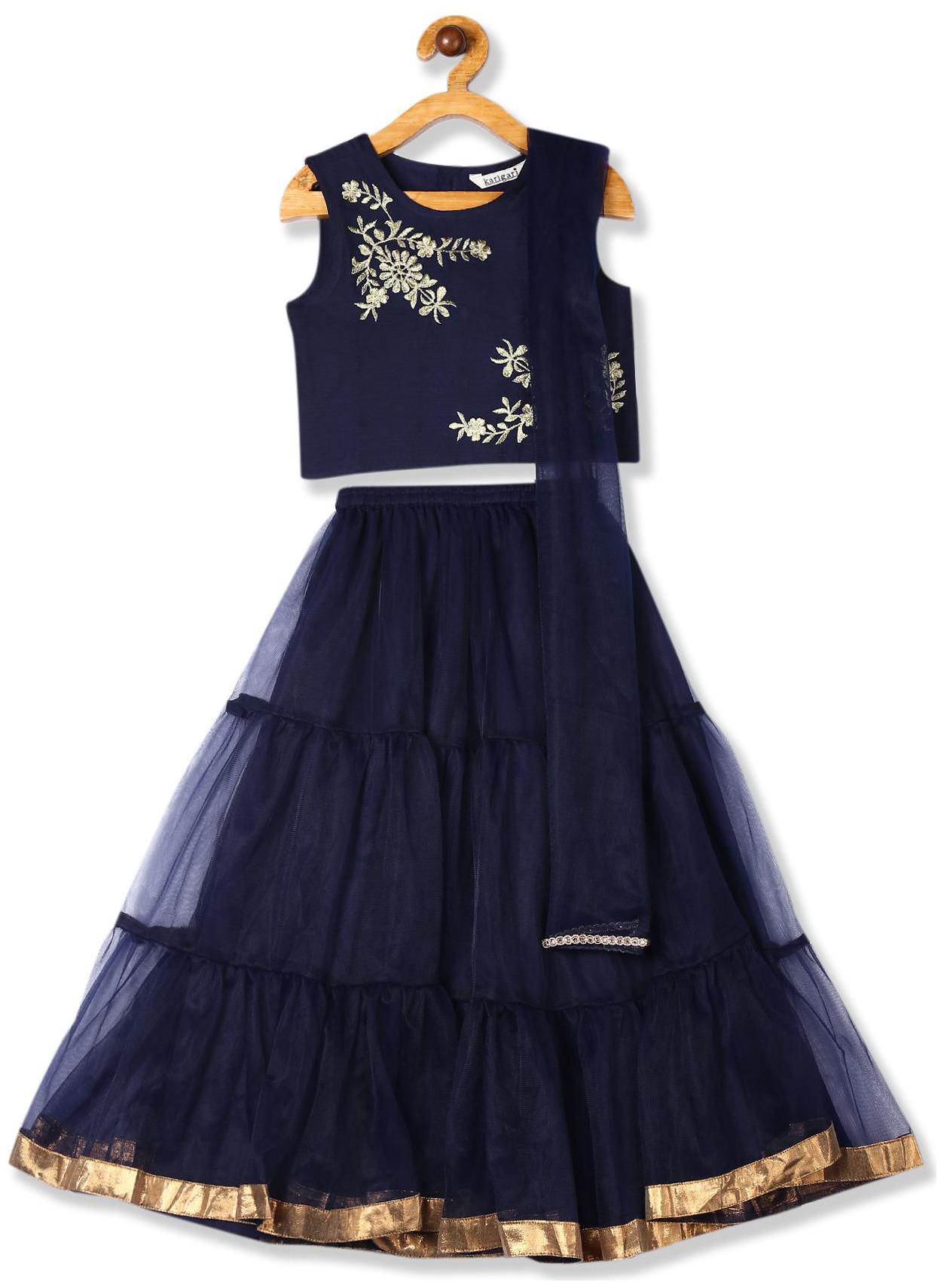 

Karigari Girl s Polyester Self design Sleeveless Kurti salwar set - Blue