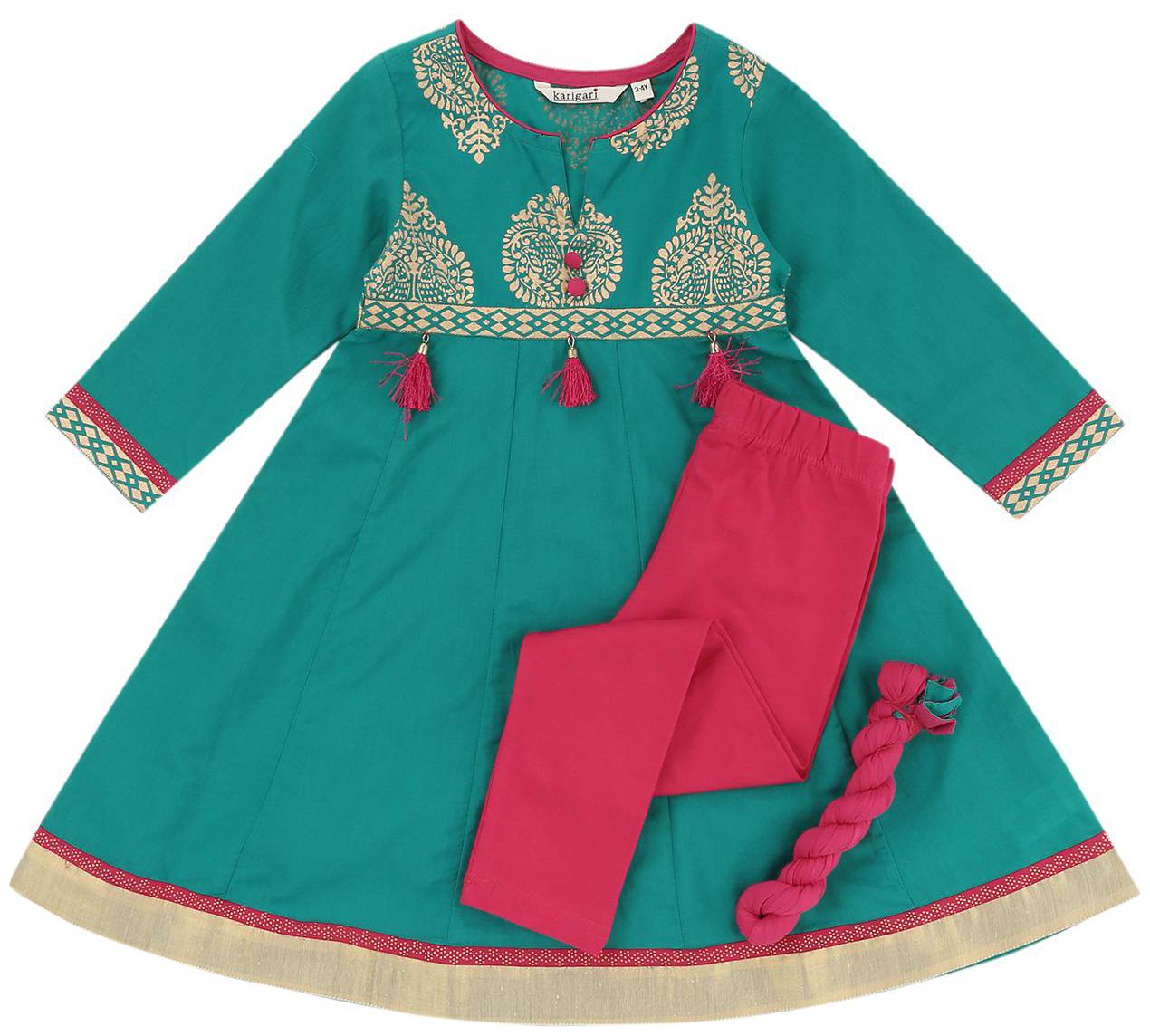 

Karigari Girl s Cotton Printed 3 4th sleeves Kurti salwar set - Multi