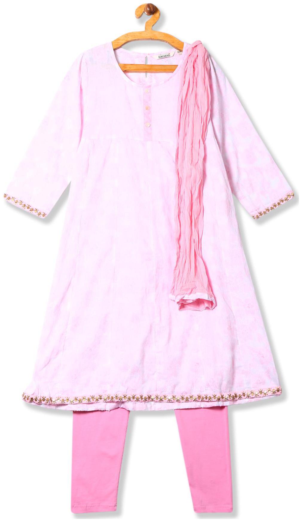 

Karigari Girl s Cotton Printed Full sleeves Kurti salwar set - Pink