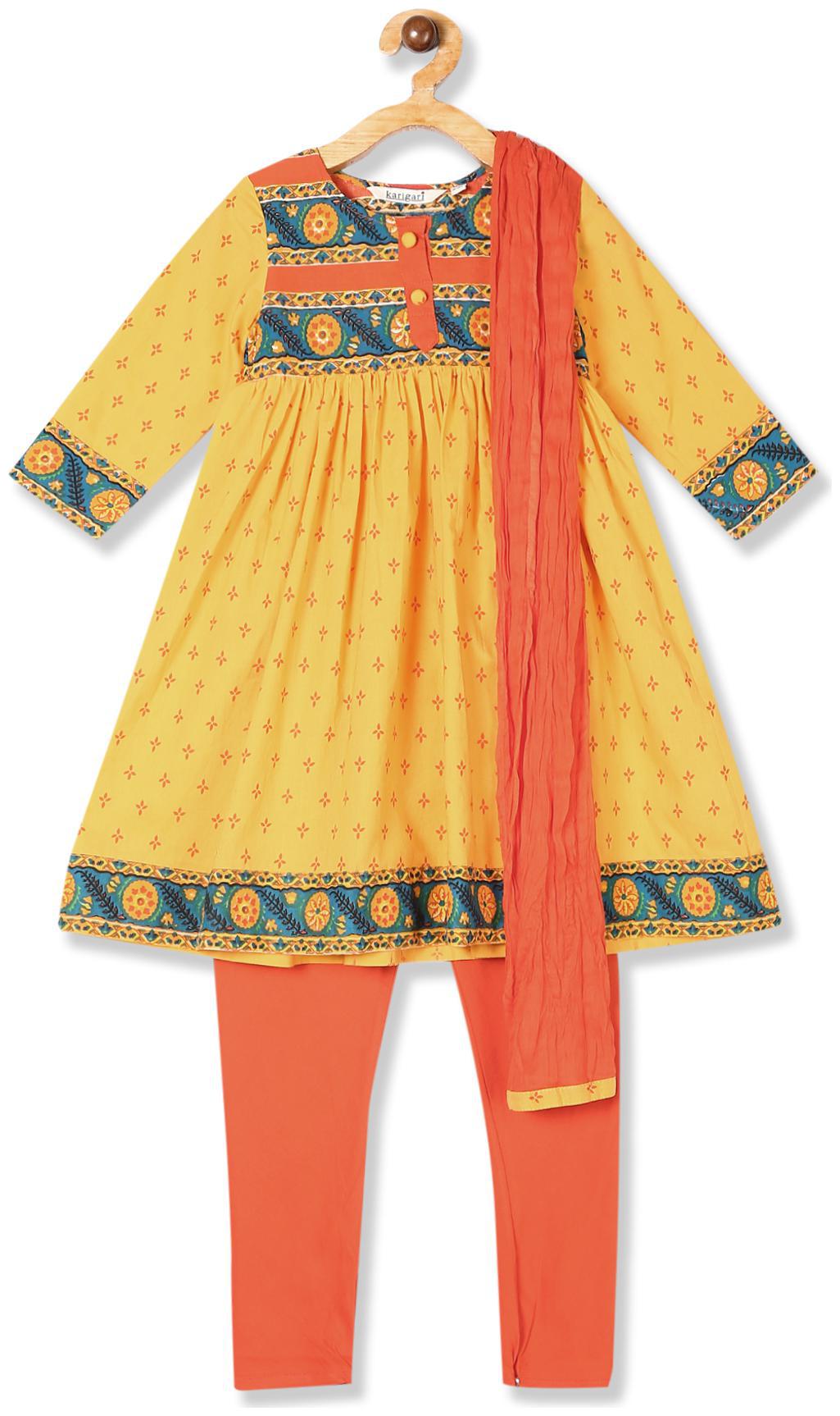 

Karigari Girl s Cotton Printed Full sleeves Kurti salwar set - Multi