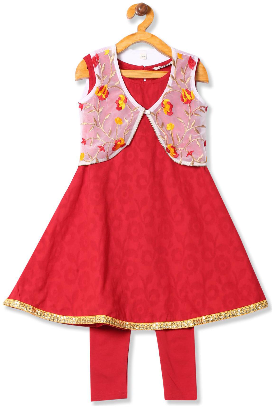 

Karigari Girl s Cotton Printed Sleeveless Kurti salwar set - Red