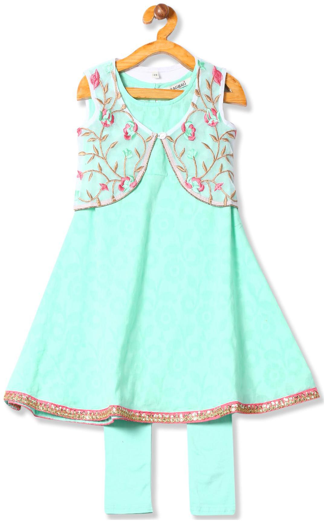 

Karigari Girl s Cotton Printed Sleeveless Kurti salwar set - Green