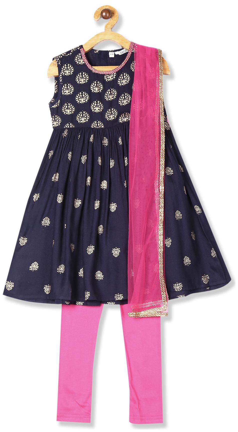 

Karigari Girl s Rayon Printed Sleeveless Kurti salwar set - Multi
