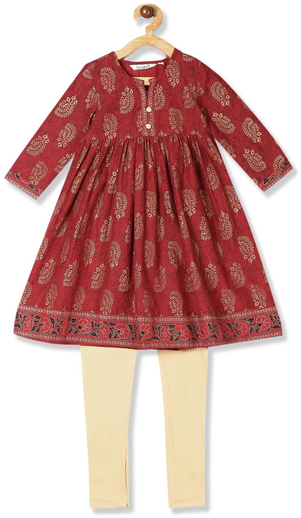 

Karigari Girl s Cotton Printed Full sleeves Kurti salwar set - Multi