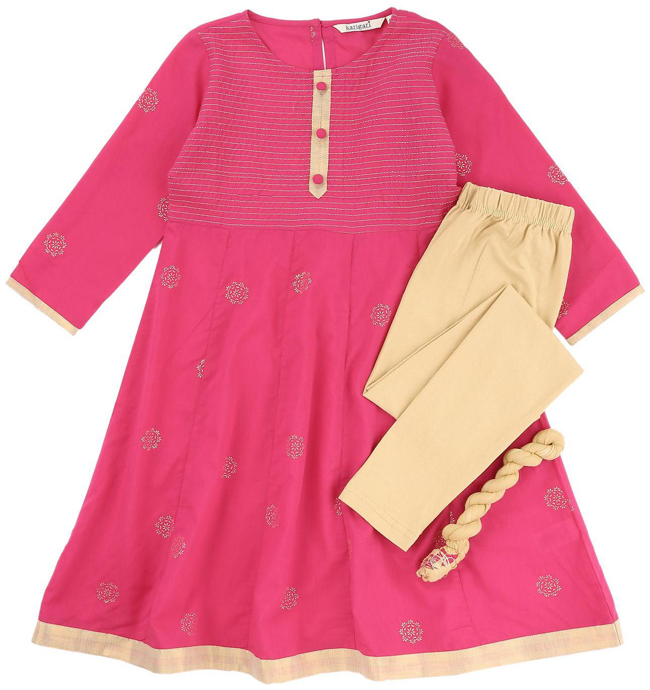 

Karigari Girl s Cotton Printed Full sleeves Kurti salwar set - Multi