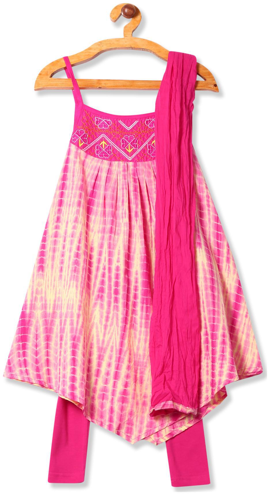 

Karigari Girl s Cotton Tie dye Sleeveless Kurti salwar set - Pink