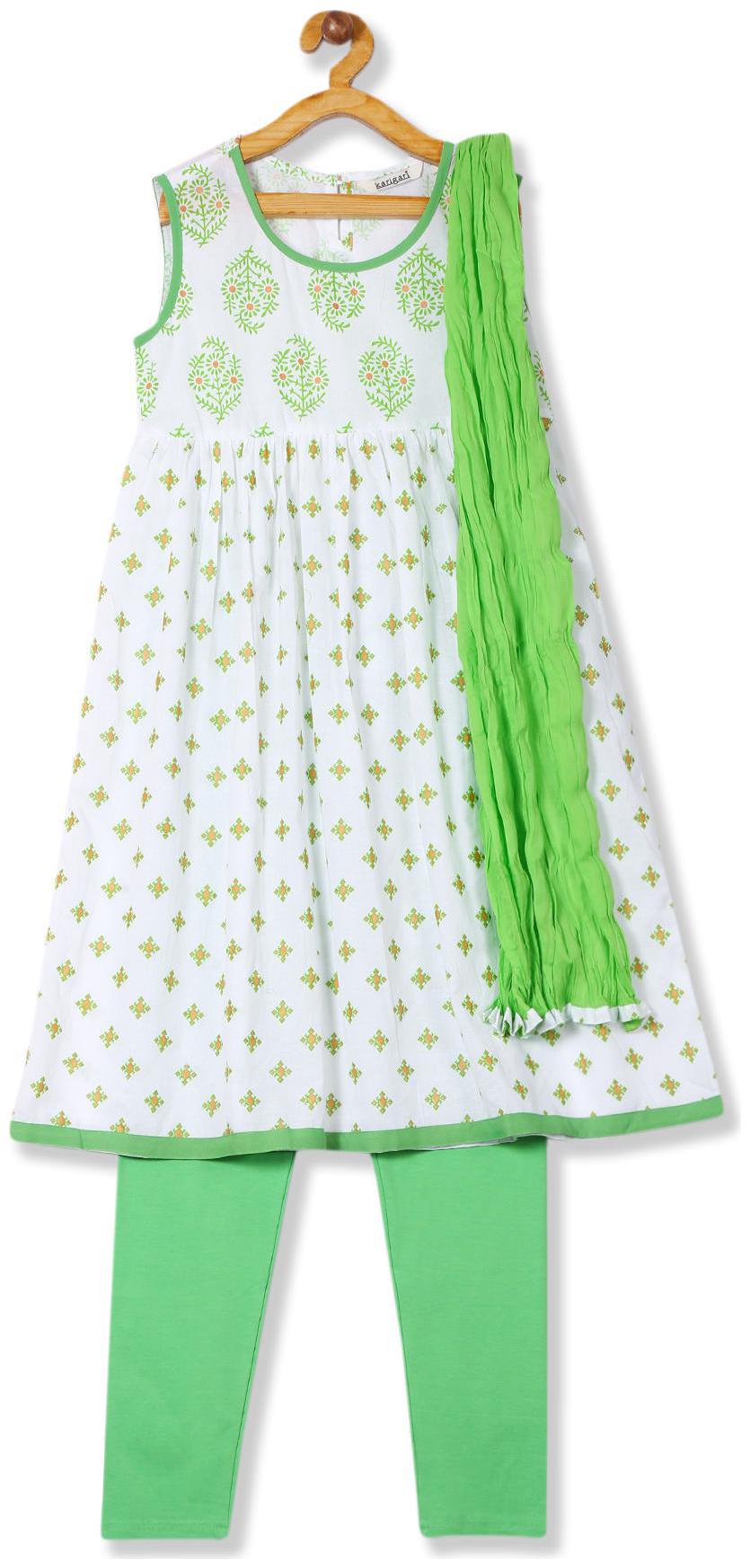 

Karigari Girl s Cotton Printed Sleeveless Kurta kurti - Green White