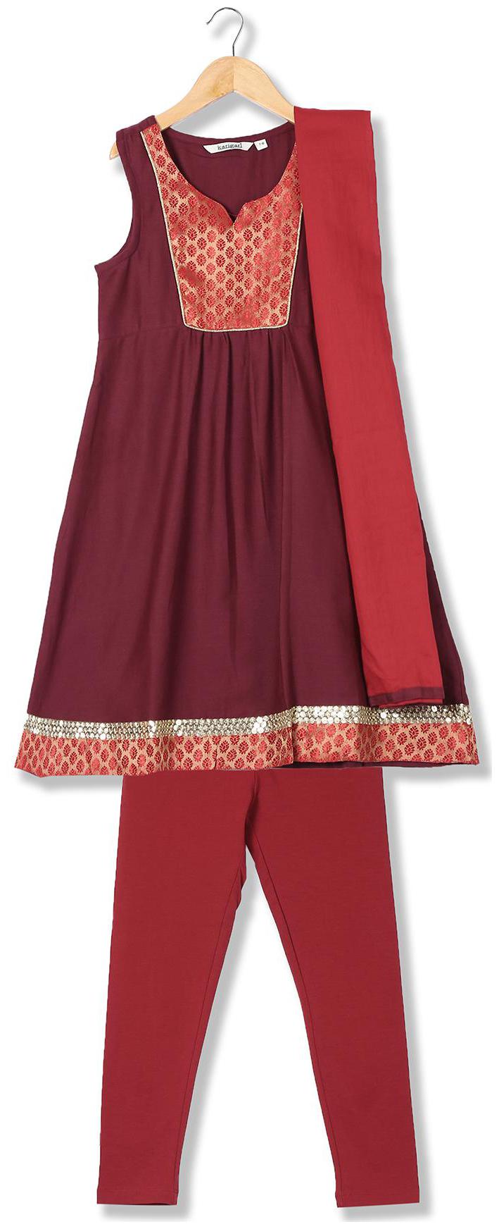 

Karigari Girl s Cotton Printed Sleeveless Kurti salwar set - Red